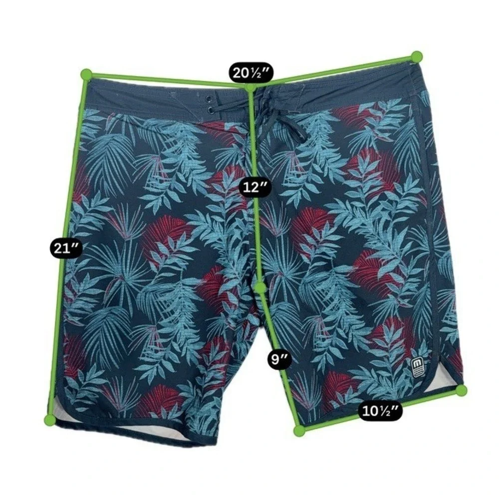 TravisMathew Men's Tropical Leaf Board Shorts Navy Red Stretch Swim Size 38